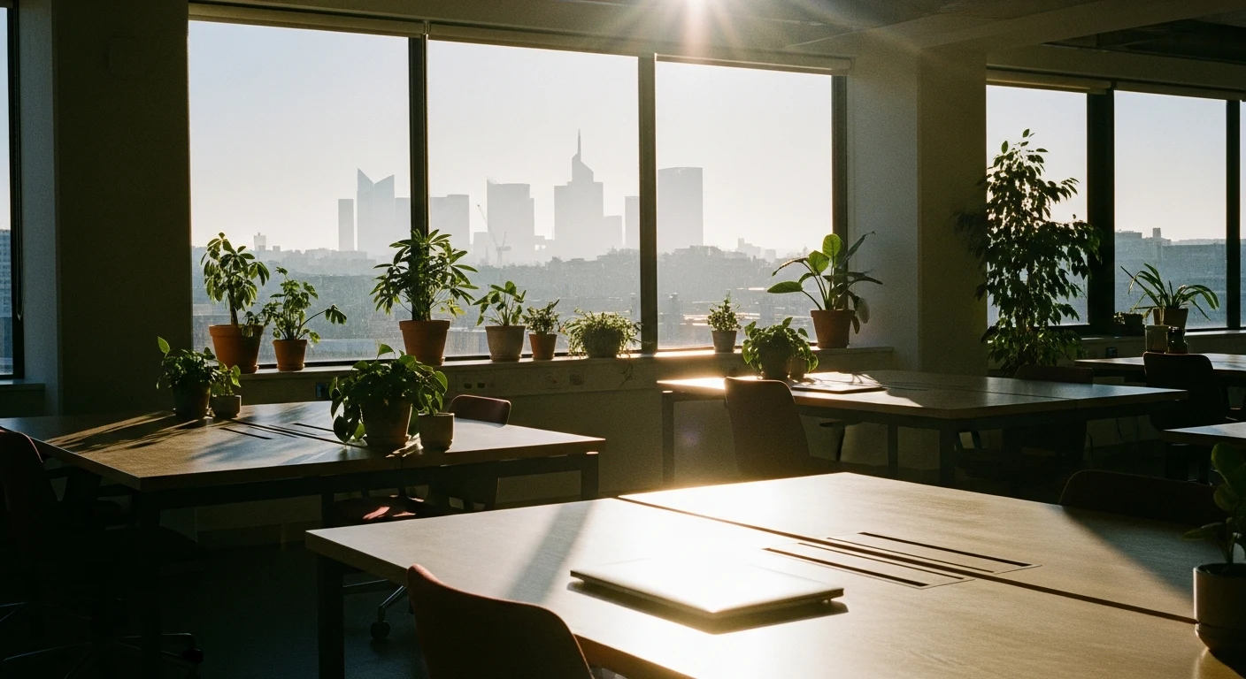 Espace de coworking moderne dans l'Ouest parisien avec vue sur les tours de La Défense
